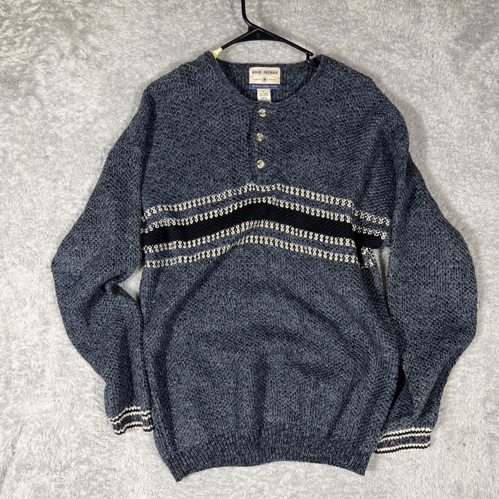 High Sierra Mens Large Blue Henley Knit Sweater Ramie Cotton Striped Pullover